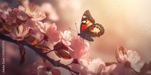 Spring Flowers and Fly Butterfly, Cherry Tree Blossoms On With Defocused Sunlight Background, The Easter Nature © Eli Berr
