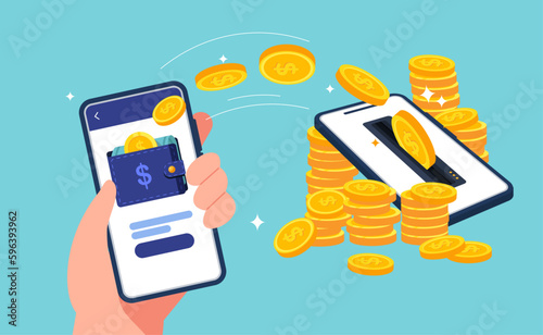 Mobile money transfer with hand holding mobile phone.Transfer money by online internet banking all around the world illustration.
