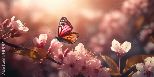 Spring Flowers and Fly Butterfly, Cherry Tree Blossoms On With Defocused Sunlight Background, The Easter Nature