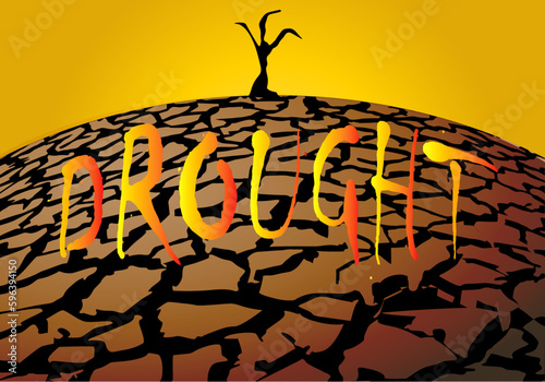 Sequía global. Un árbol seco sobre tierra agrietada con la leyenda de sequía