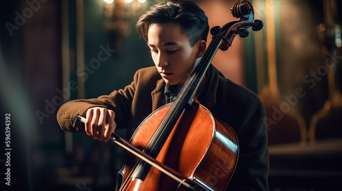 Young man musician plays the cello with passion and dedication - ai generative