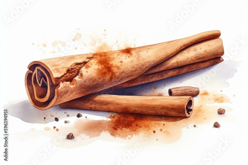 Watercolor illustration of cinnamon on a white background. Generative AI