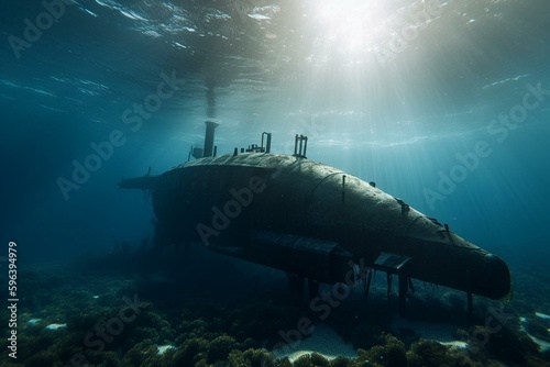 An artwork of a submerged WW2 sub at the ocean's floor. Generative AI