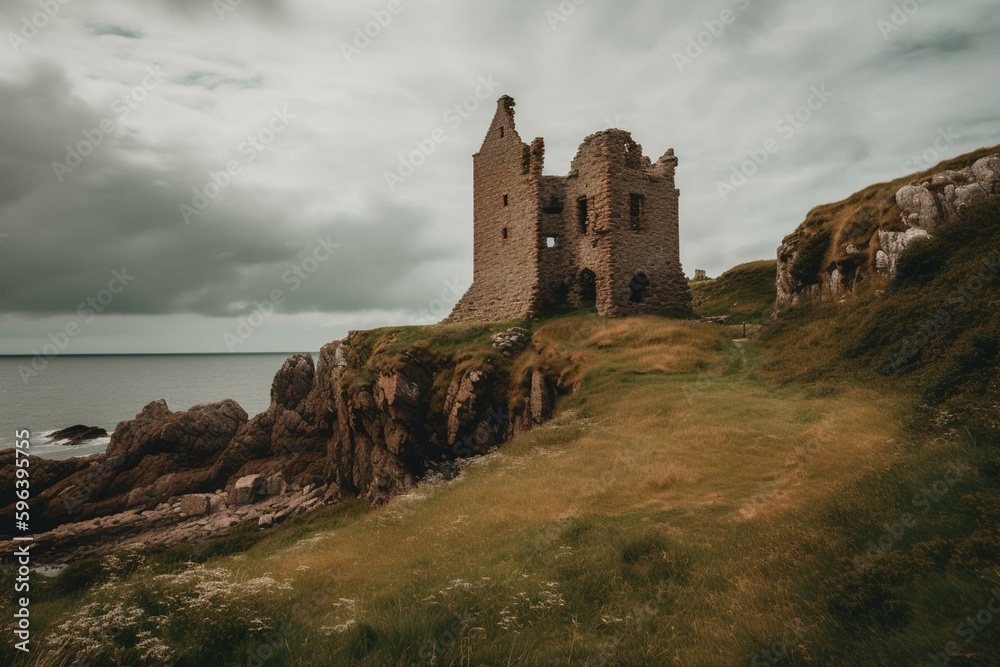 Ruined medieval fortress in Aberdeenshire, Scotland. Generative AI