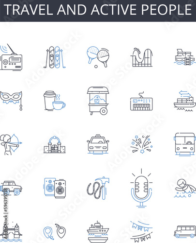 Travel and active people line icons collection. Running, Jumping, Swimming, Cycling, Boxing, Gymnastics, Wrestling vector and linear illustration. Sprinting,Skating,Soccer outline signs Generative AI