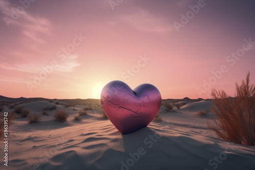 A heart object in a desert with pink skies in background. Generative AI