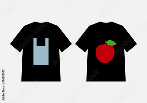 Camiseta sintética hecha de plásticos y otra camiseta hecha con fibra vegetal. Camisetas negras una con una bolsa de plástico y otra con una manzana roja de decoración.