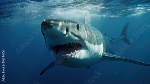 Frightening Encounter: Blue Ocean Menace - White Shark Attacks. Generative AI © AIGen