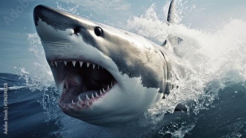 Killer White Shark Attacking in the Ocean  A Scene of Blue Sea Life  Generative AI