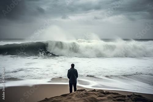 Man Alone on Beach, Bracing for Nature's Fury: Huge Tsunami Wave Approaching, Generative AI