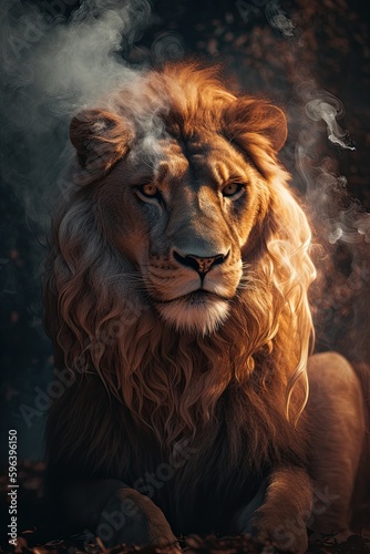 Majestic Wallpaper of a Wild Lion Staring Out with Mysterious Smoke and Flaming Fire  Generative AI