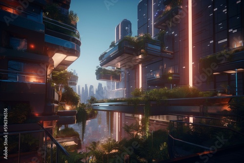 Experience a futuristic, high-tech residential area with bokeh effects using Unreal Engine 5. Great for vacations and events. Generative AI