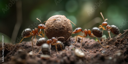 A colony of ants carrying food back to their underground nest, concept of Social Hierarchy, created with Generative AI technology