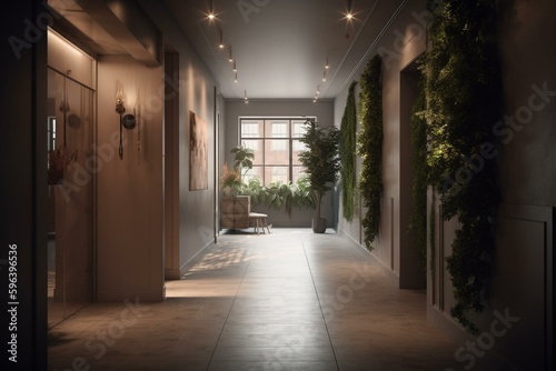 Well-lit designer hallway with city view & decorative plants. 3D rendering. Generative AI