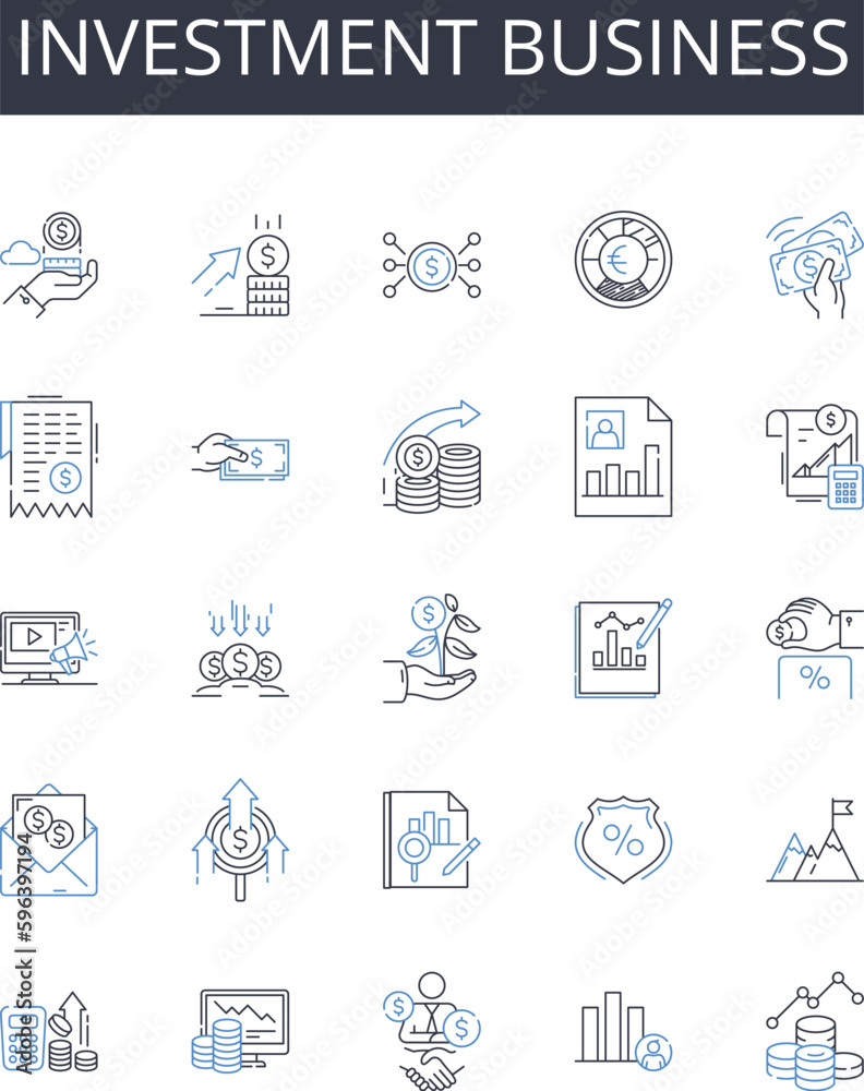 Investment business line icons collection. Finance industry, Trade market, Economic sector, Capital venture, Mtary commerce, Fiscal activity, Banking profession vector and linear Generative AI