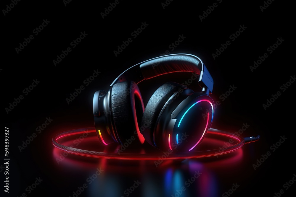 Headphones on a black background. Neon light. Creative photo earphones. Headphones on a black background. Neon light. Creative photo earphones.