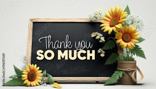 Blackboard with Thank you message and flowers around, white background concept generative ai