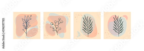Set of abstract foliage wall art. Leaves, organic shapes, leaf branch, tree in vector line art style. Decoration collection design for interior, poster, cover, banner.