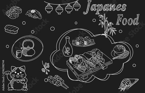 Big set of japanese food and beverage doodle hand drawing style sushi, yakisoba, takoyaki, onigiri, green tea, sake, dorayaki, mochi, rice ball, miso soup, tofu, oden, dango, taiyaki, tempura photo