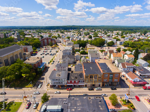 Central Falls historic city center aerial view on Board Street at Foundry Street in city of Central Falls, Rhode Island RI, USA. 