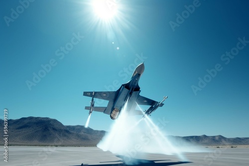 3D jet takes off into clear blue sky. Generative AI