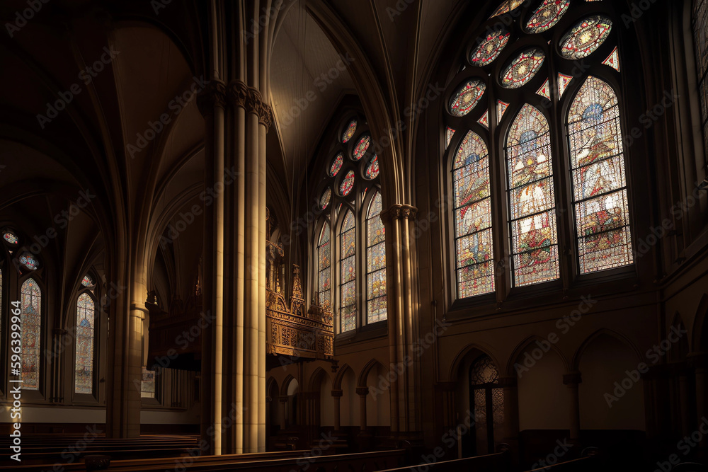 Chruch from the inside, beautiful colored windows, Ai generated