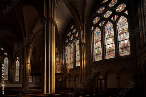 Chruch from the inside  beautiful colored windows  Ai generated