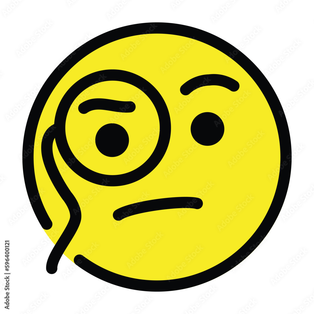 Face with Monocle Vector Emoji Icon. Isolated yellow face with furrowed eyebrows wearing a monocle. Pondering, considering, sophistication, smug intelligence, smarty-pants face sign sticker design. Face with Monocle Vector Emoji Icon. Isolated yellow face with furrowed eyebrows wearing a monocle. Pondering, considering, sophistication, smug intelligence, smarty-pants face sign sticker design.
