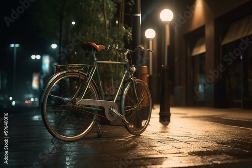 Digital art of a bike with lights on pole at night. Generative AI © Ismael