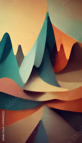 Graphic art. Abstract background. Retro color. Blur orange brown beige blue curve shape figure block mountain hills decorative design illustration.