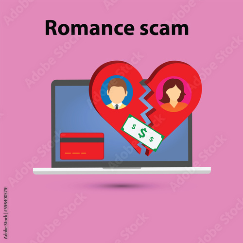 Faceless man and woman on a broken heart, dollar banknote and credit card in front of a laptop, romance scam concept