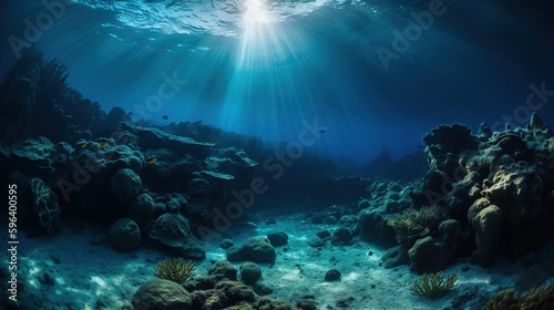Leinwand Poster a underwater view of a coral reef with sunlight shining through the water