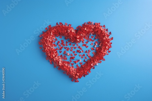 Red heart composition greeting card for Valentine s day  isolated on blue background with copy space. Top view flat lay from above. Generative AI
