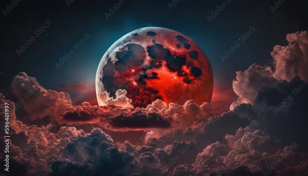 Blood moon or red moon in the night time landscape with clouds concept generative ai Blood moon or red moon in the night time landscape with clouds concept generative ai