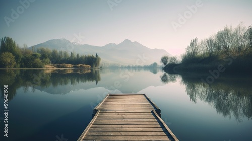  a wooden dock sitting on top of a lake next to a forest.  generative ai