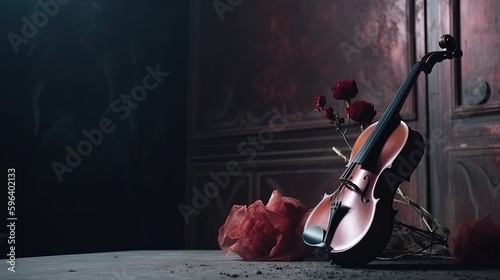  a violin and a rose on a table in a dark room. generative ai