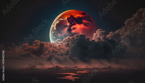 Blood moon or red moon in the night time landscape with clouds concept generative ai
