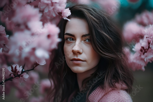 A beautiful woman in front of blossoming cherry trees. Generative Ai.
