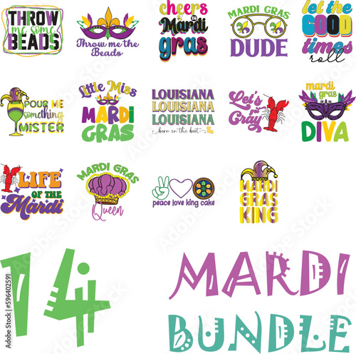 14 Mardi Gras Eye catching Colorful Typographic Bundle on White Background. Print Ready Graphic Template for Print on Demand Industry and Clothing Business.