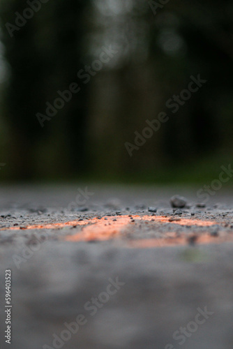 A photo of a bright orange arrow graffiti on gravel ground with trees in the background. An urban art piece standing out in nature.