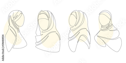 Womens hijab in one line. Options for tying hijabs. logo one line womens hijab scarf. Hijab vector illustration set.