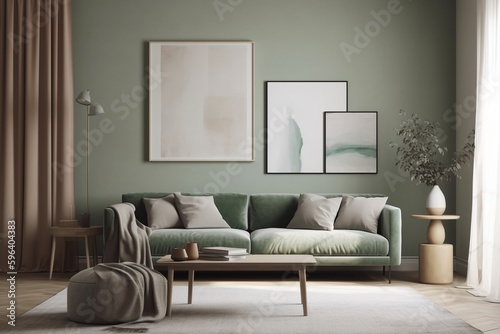 Green Sage Living Room Interior Design Created with Generative AI