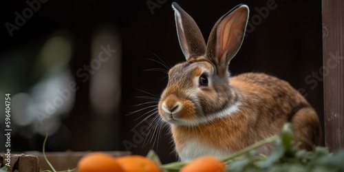 A contented rabbit munching on a carrot in its hutch in the backyard, concept of Fulfillment, created with Generative AI technology