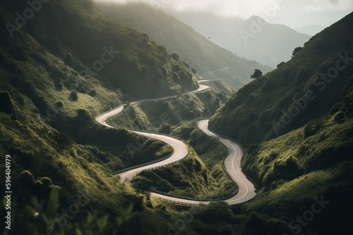 A winding road representing the spiritual journey in a beautiful mountain, generative AI
