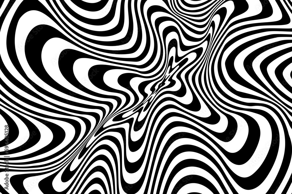 Hypnotic Illusion with Liquid Black and White Color. Optical Psychedelic Swirl with Monochrome Fluid Flow. Abstract Design Op Hypnosis. Vector Illustration.