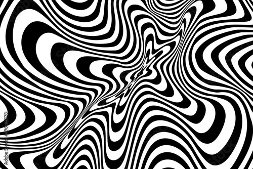 Hypnotic Illusion with Liquid Black and White Color. Optical Psychedelic Swirl with Monochrome Fluid Flow. Abstract Design Op Hypnosis. Vector Illustration.