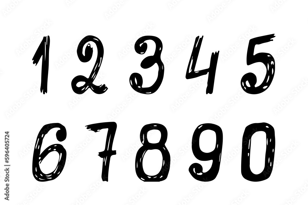 Number 1, 2, 3, 4, 5, 6, 7, 8, 9, 0. Hand drawing numerical vectors, black ink on white background