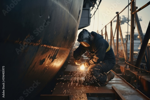 Fotografija worker welds the metal hull of the ship in the shipyard , Ai generative