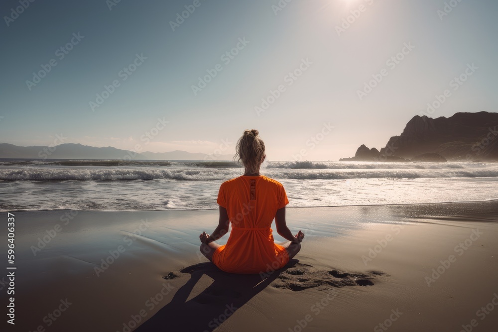 Female woman meditating on a beach. Peaceful setting. Generative AI.	