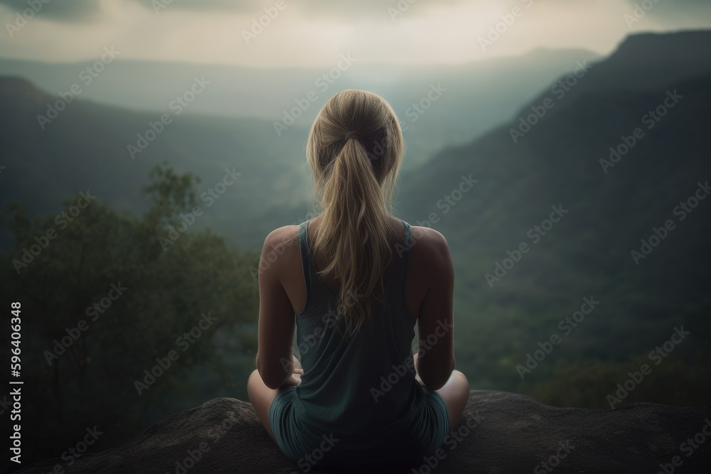 Zen woman meditating in on mountain. Generative AI.